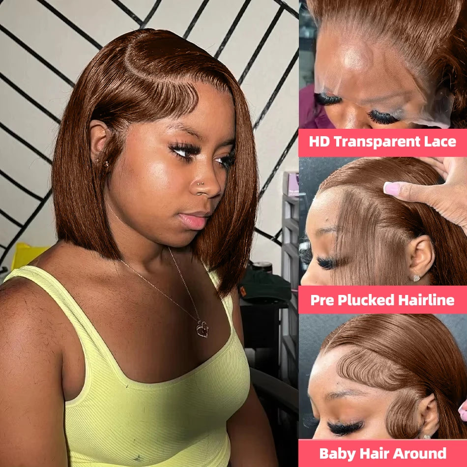 Brazilian Chocolate Brown Bone Straight 13x4 HD Transparent Lace Frontal Human Hair Wigs #2 Colored Short Bob Wig For Women 250%