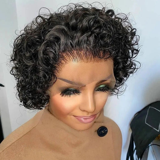 Pixie Cut Wig Colored Lace Wig Spring curl Short Bob Human Hair Wig For Women Natural Black Color Human Hair Cheap Wig 13X1