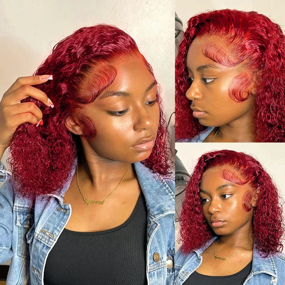 99J Colored Curly Deep Water Wave Lace Front Wig Burgundy Red Remy Short Cut Bob Frontal Human Hair Wigs Women Pre Plucked Wigs