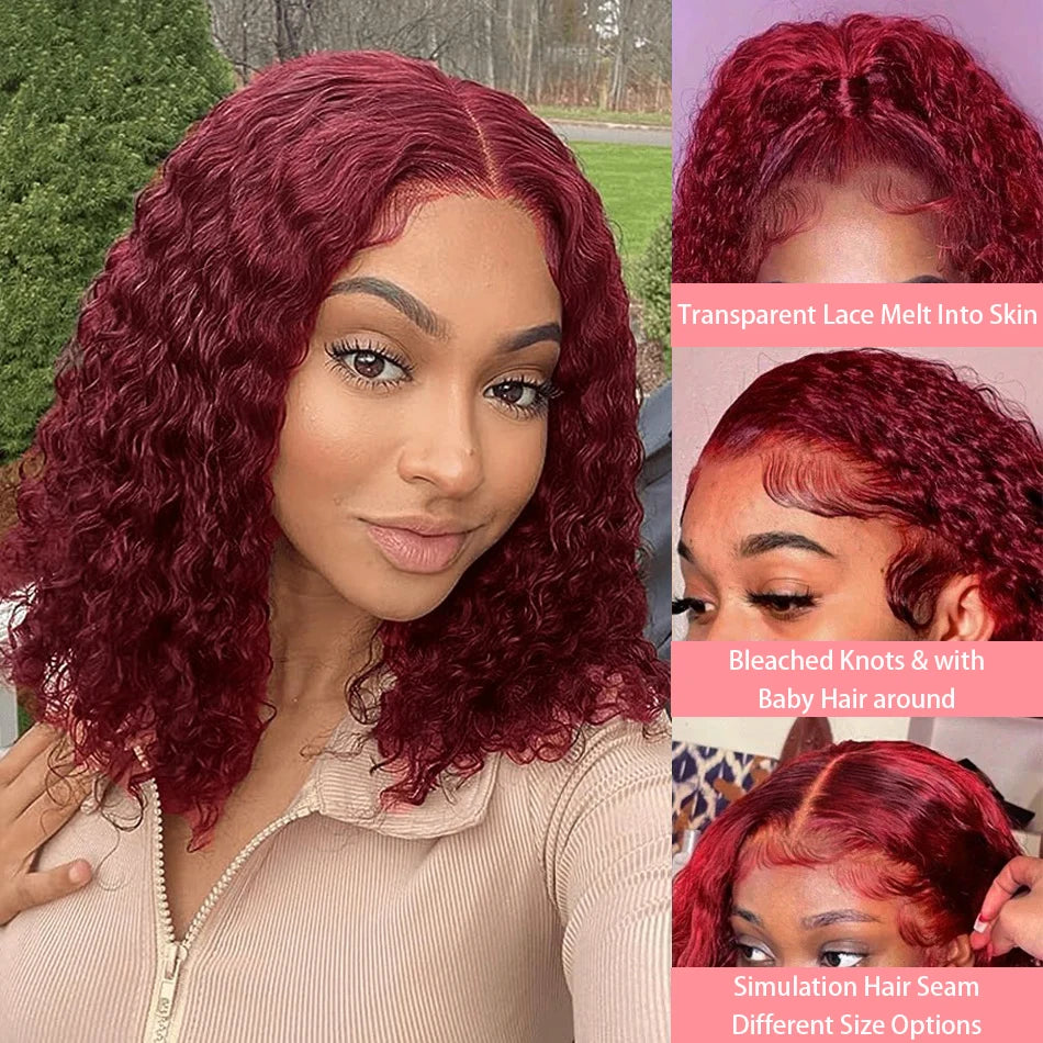 99J Colored Curly Deep Water Wave Lace Front Wig Burgundy Red Remy Short Cut Bob Frontal Human Hair Wigs Women Pre Plucked Wigs