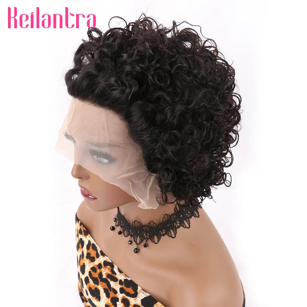 Pixie Cut Wig Colored Lace Wig Spring curl Short Bob Human Hair Wig For Women Natural Black Color Human Hair Cheap Wig 13X1