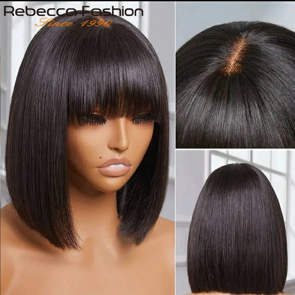 8-14” 180D Ready To Wear Straight Human Hair Bob Wigs With Bangs Fringe Brazilian Realastic Scalp Straight Lace Bob Wigs