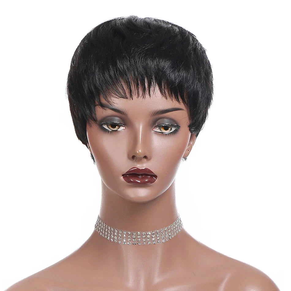 Short Bob Wig Straight Human Hair Wigs With Bangs Non Lace Front Wigs For Women Pixie Cut Wig Natural Color Full Machine Made