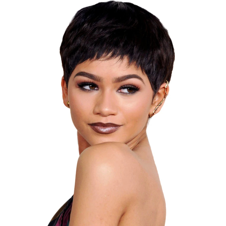 Short Bob Wig Straight Human Hair Wigs With Bangs Non Lace Front Wigs For Women Pixie Cut Wig Natural Color Full Machine Made