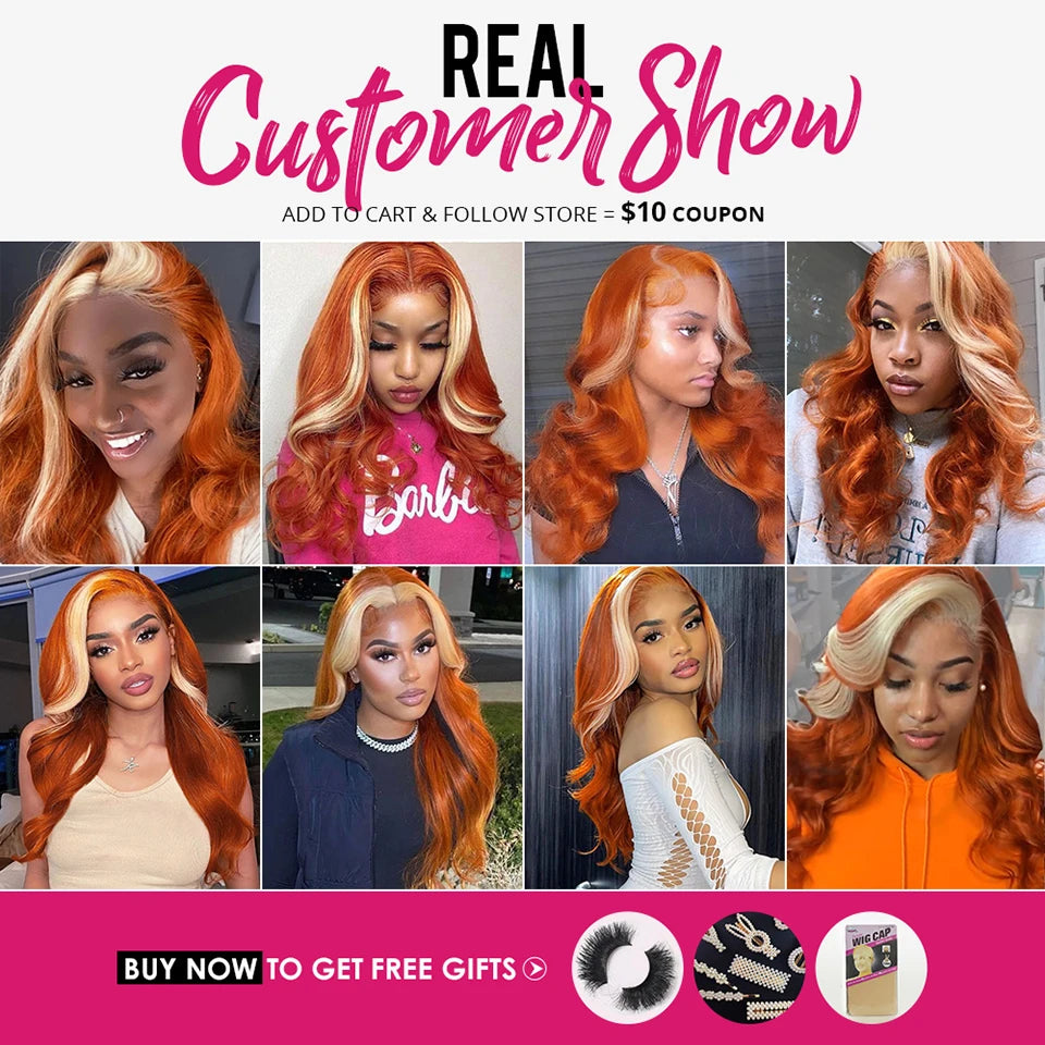 Genger 13x4 Colored Human Hair Wigs Orange Ginger Lace Front Wig 613 Blonde Body Wave Lace Front Wig Transparent Lace Frontal Wig