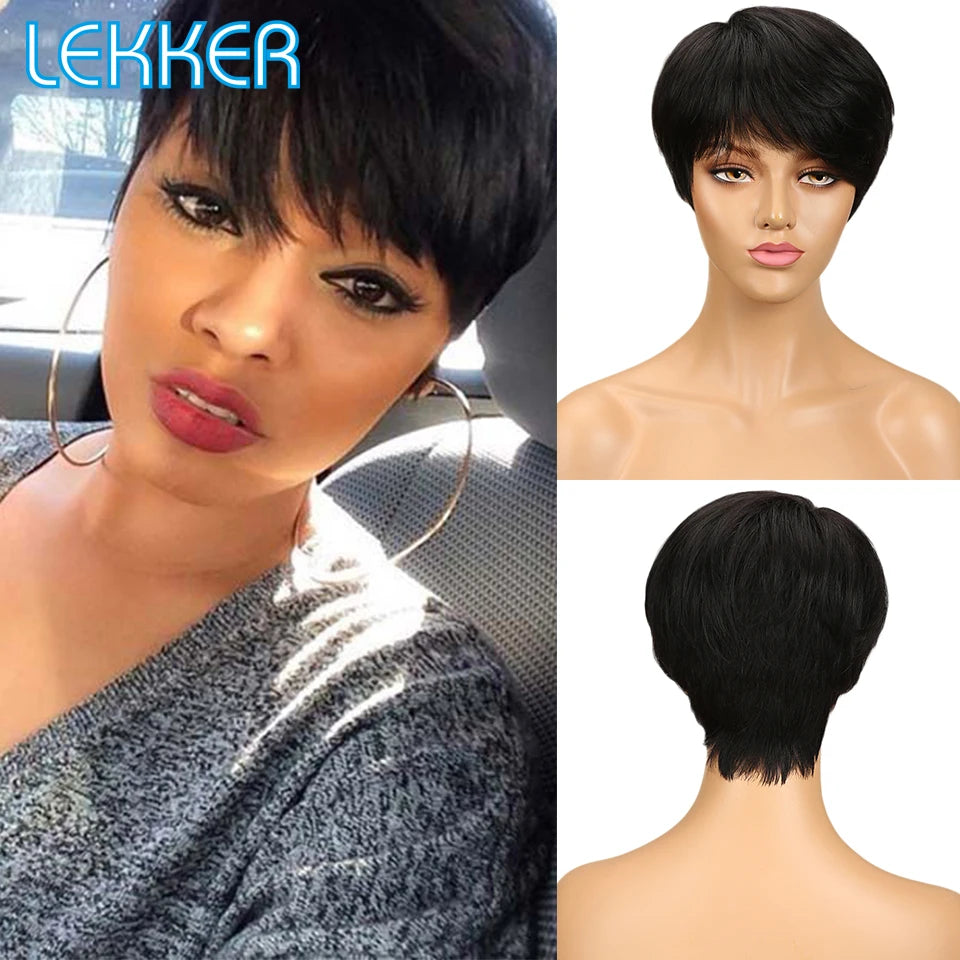 Lekker 99J Burg Red Short Pixie Cut Human Hair Wigs With Bangs For Women Brazilian Remy Hair Colored Straight Bob Full Machine