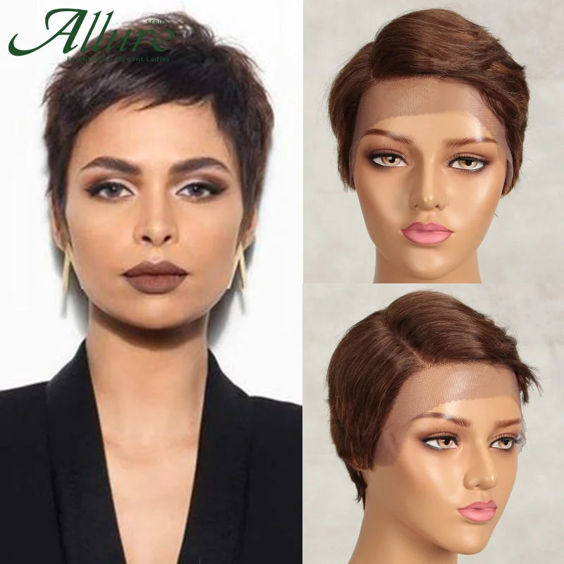 Short Pixie Cut Human Hair Wigs Natural Black Colored Hair T Part Lace Wig Brazilian Cheap Blonde 613 Ombre Remy Hair Wig Allure