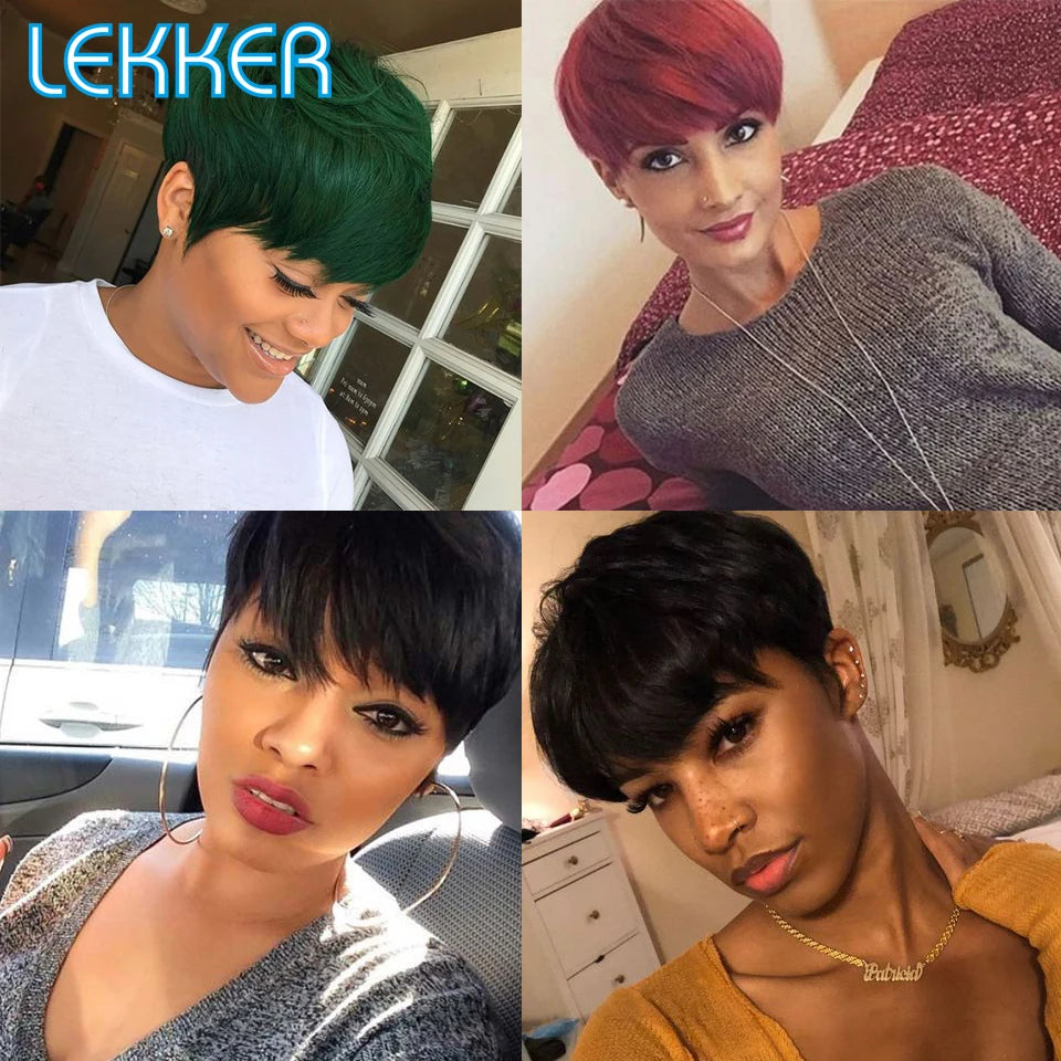 Lekker 99J Burg Red Short Pixie Cut Human Hair Wigs With Bangs For Women Brazilian Remy Hair Colored Straight Bob Full Machine