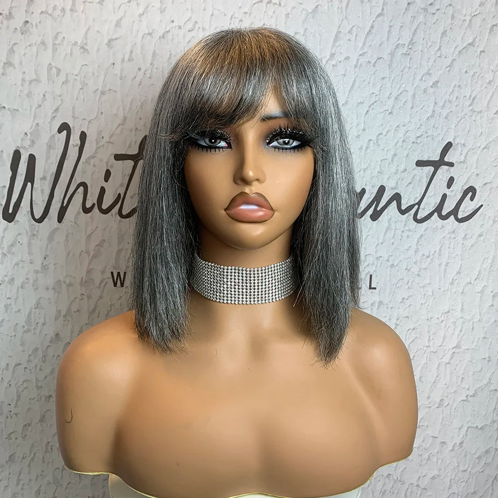 Mixed Gray Straight Human Hair Wigs Full Machine Made Wigs For Woman Grey With Bangs