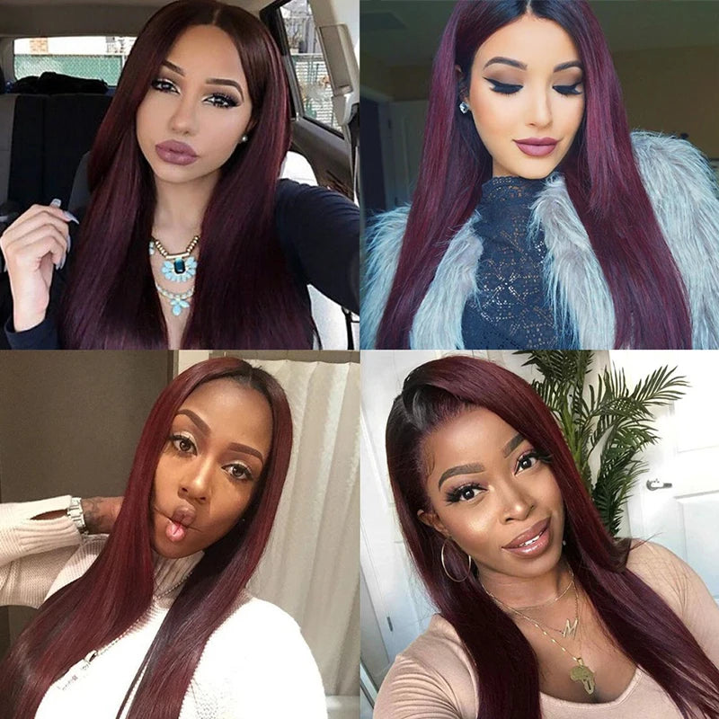 Ombre Hd Lace Front Human Hair Wigs Dark Red Colored Bone Straight Human Hair Wig Glueless Princess 99J Burgundy Brazilian Wigs