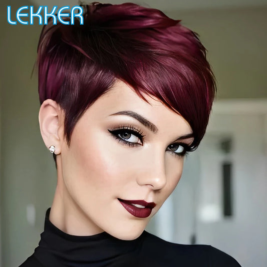 Lekker 99J Burg Red Short Pixie Cut Human Hair Wigs With Bangs For Women Brazilian Remy Hair Colored Straight Bob Full Machine