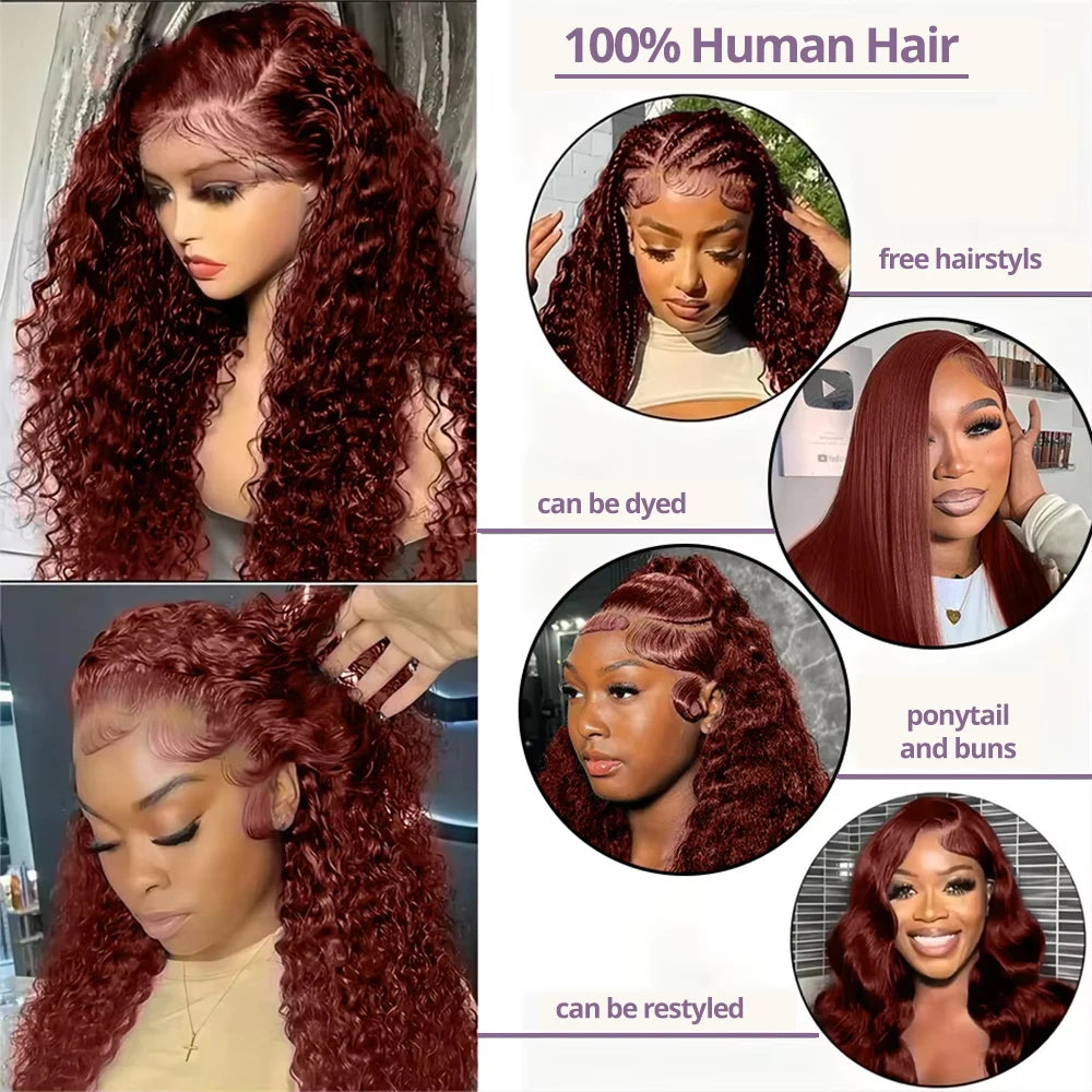 Reddish Brown Deep Wave Frontal Wig Transparent 13x4 Lace Frontal Wig Brown 13x6Lace Front Wig Colored Deep Curly Human Hair Wig