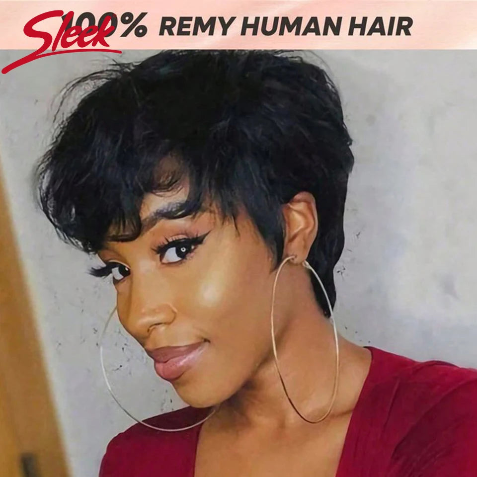 Sleek Short Pixie Cut Human Hair Wigs For Women 100% Real Brazilian Hair Wigs Natural Black Short Straight Woman Wigs