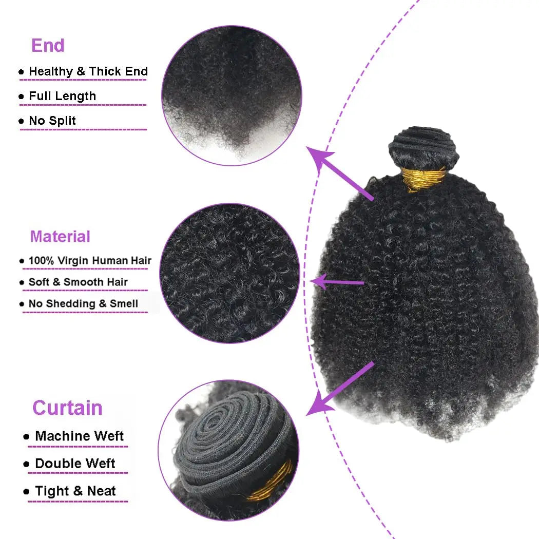 Afro Kinky Curly Human Hair Bundles 8 - 20 Inch Curly Weave 100% Unprocessed Virgin Extensions for Black Women Natural Color