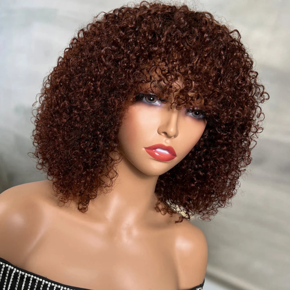 Chocolate Brown Kinky Curly Short Bob Human Hair Wigs With Bang Color #4 Full Machin Made Indian Remy Hair Wig For Black Women