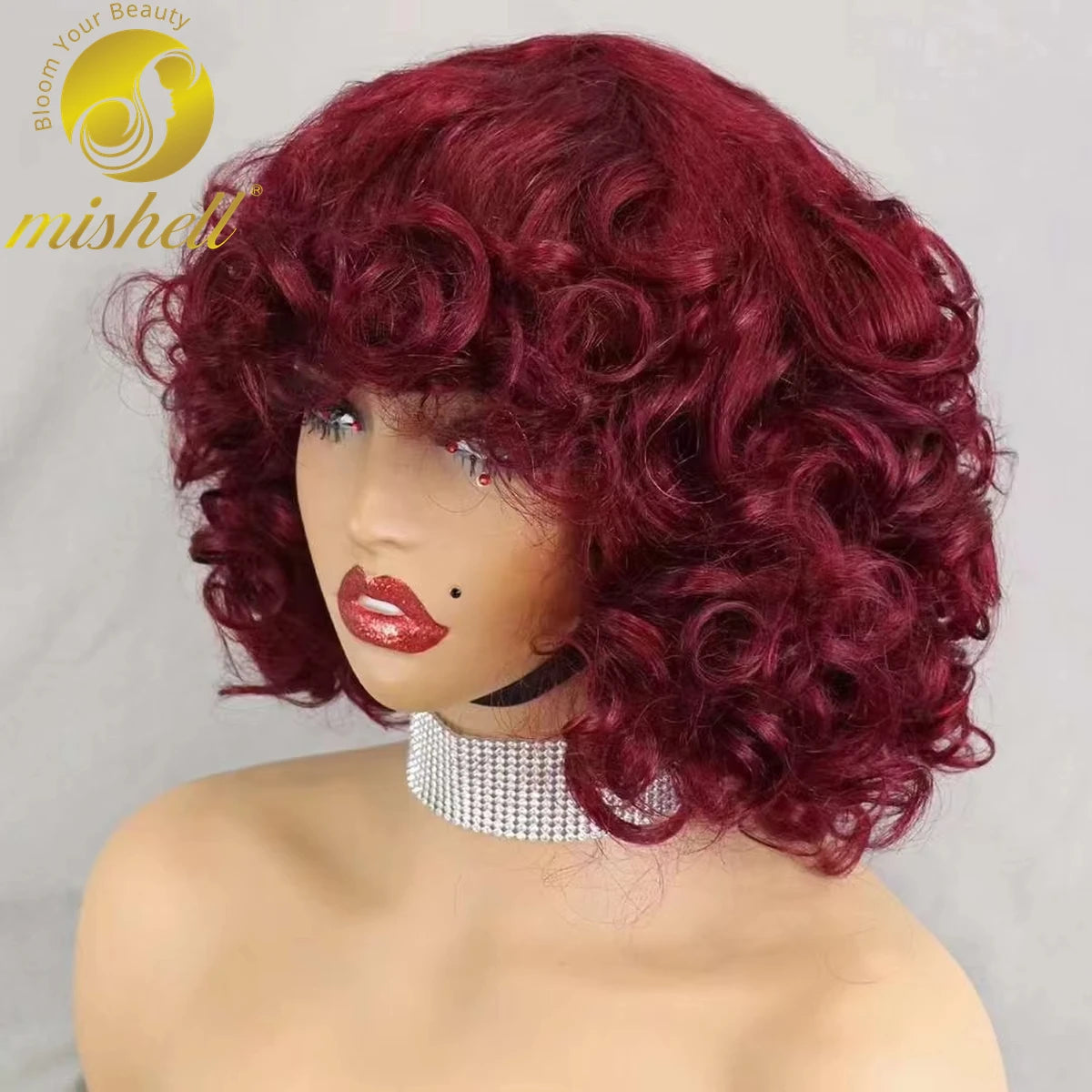 200% Density 99J# Burgundy Bouncy Curly Human Hair Wigs with Bangs Short Machine Made Loose Curly Bob Wigs PrePlucked for Women