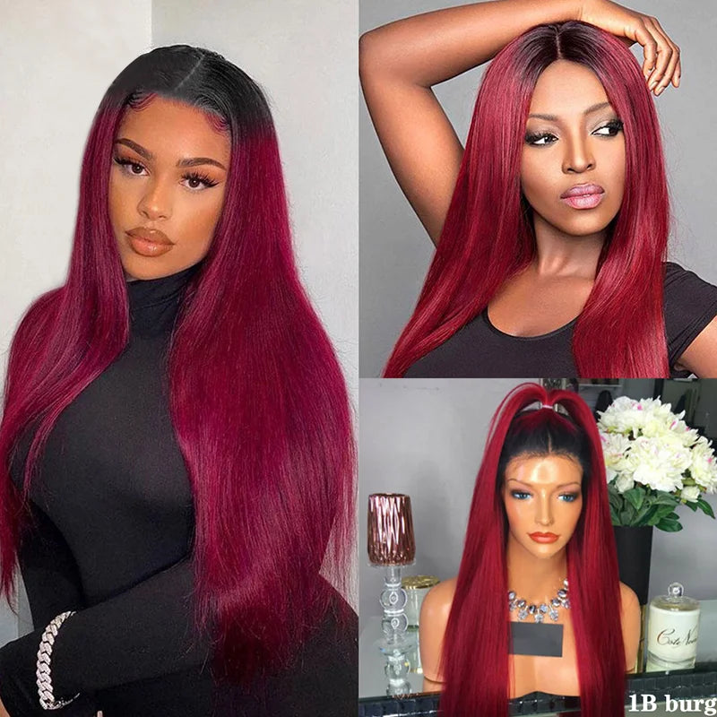 Ombre Hd Lace Front Human Hair Wigs Dark Red Colored Bone Straight Human Hair Wig Glueless Princess 99J Burgundy Brazilian Wigs