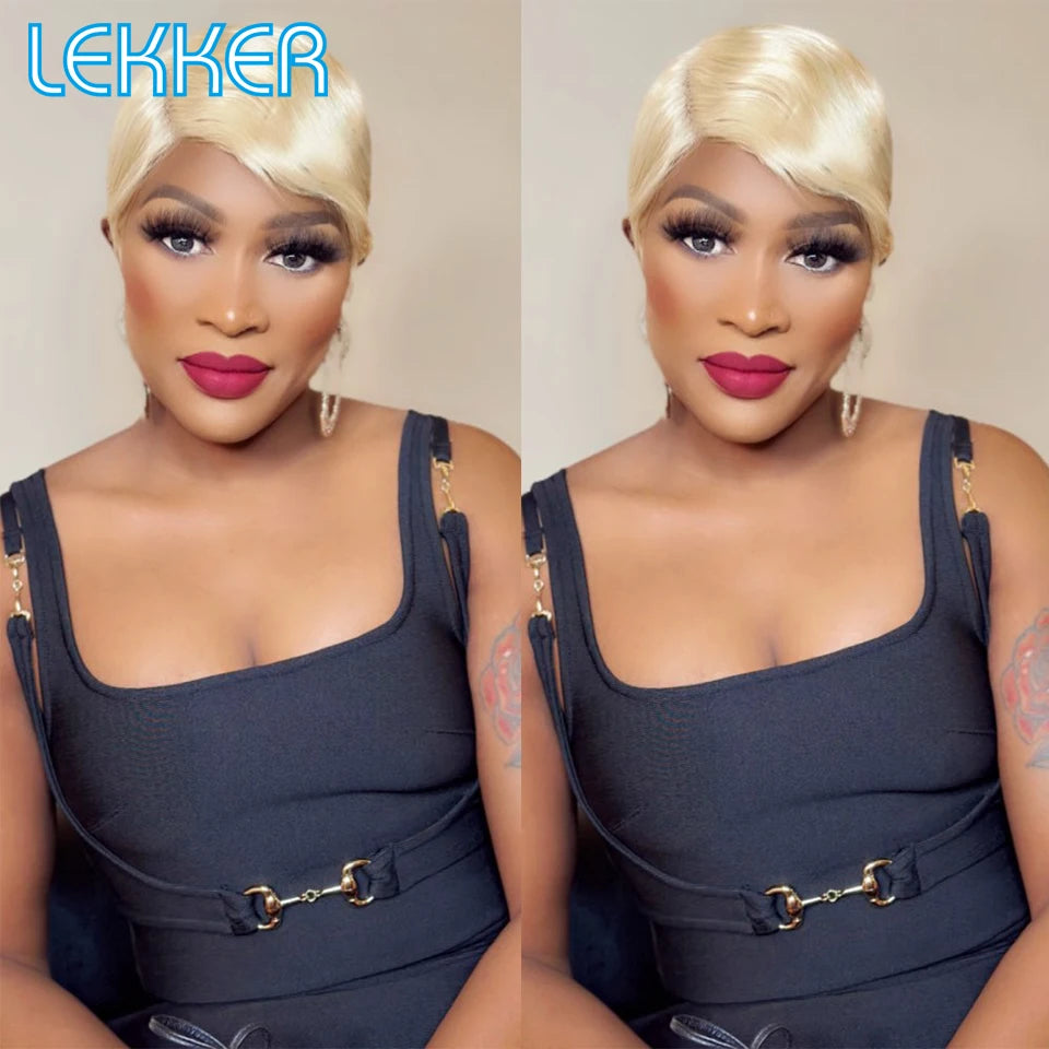 Lekker Short Pixie Cut 13X1 Lace Front 100% Human Hair Wigs For Women Glueless Ready to Wear Brazilian Remy Hair Colored Wigs