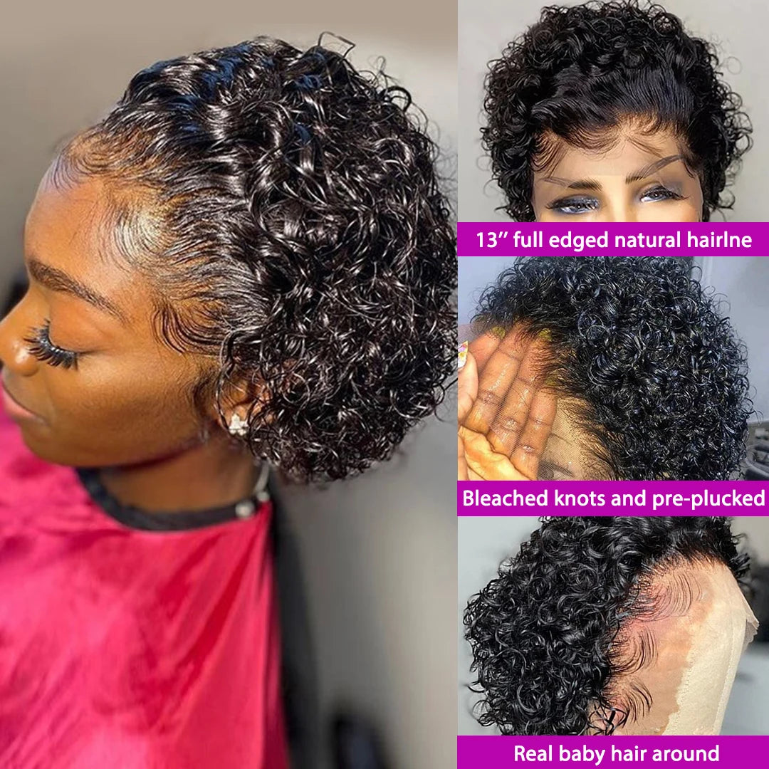 Pixie Curls 100% Human Hair Pixie Cut 13x4 Lace Frontal Wigs Short Bob Human Hair Wig Transparent Lace Front Human Hair Wig