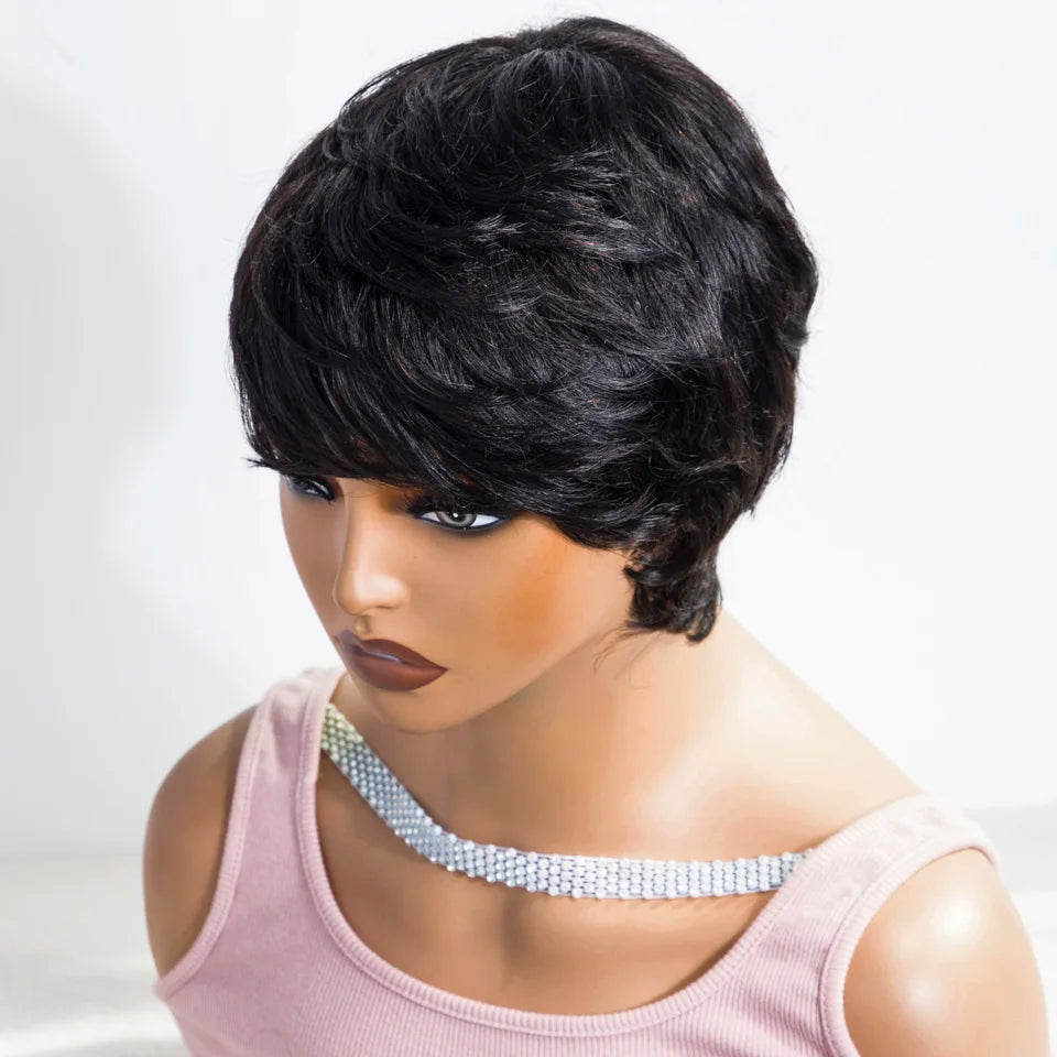 Sleek Short Pixie Cut Human Hair Wigs For Women 100% Real Brazilian Hair Wigs Natural Black Short Straight Woman Wigs