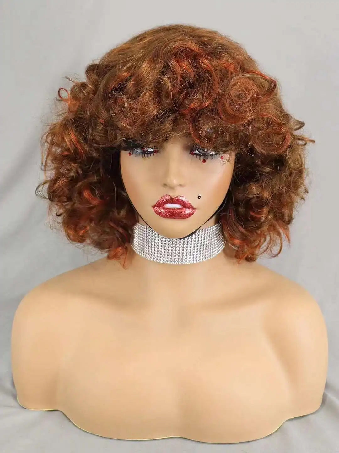 200% Density 99J# Burgundy Bouncy Curly Human Hair Wigs with Bangs Short Machine Made Loose Curly Bob Wigs PrePlucked for Women