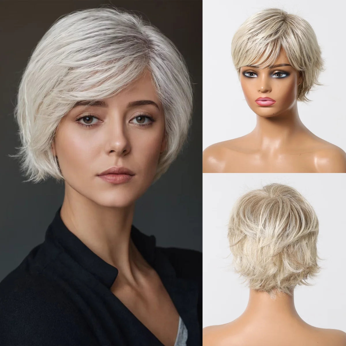 Short Pixie Cut Grey Human Hair Wig 8 Inch Layered Fashion Blend Human Hair Wig for Women Daily Use Hair Machine Made Cheap Wigs