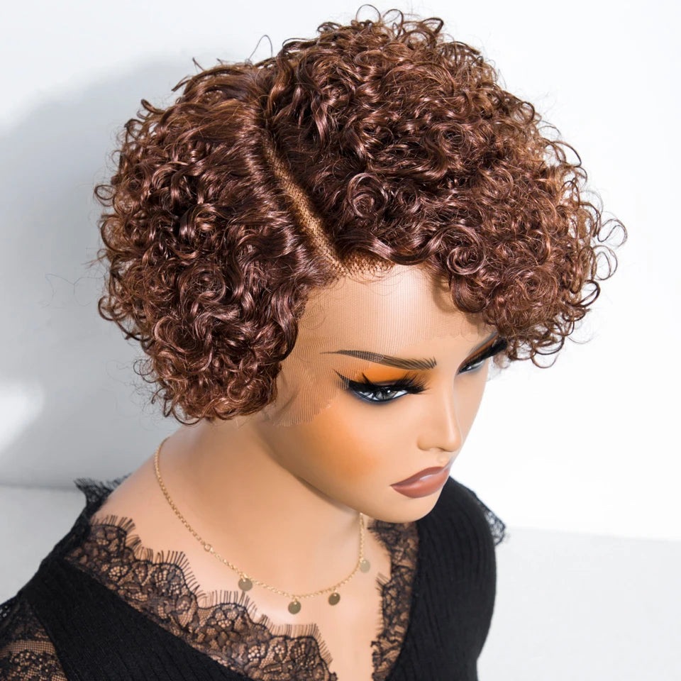 Natural Brown Hair Pixie Cut Wig Short Bob Curly Human Hair Wig 13x1 Lace Front Transparent Deep Curly Hair Lace Wig Preplucked