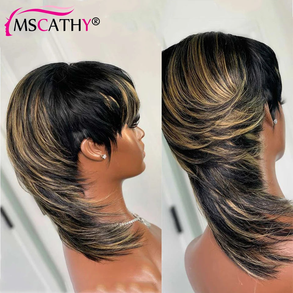 Full Machine Made Dovetail Human Hair Wigs Body Wave Short Pixie Cut Wig With Bangs Glueless Brazilian Remy Hair Wigs For Women