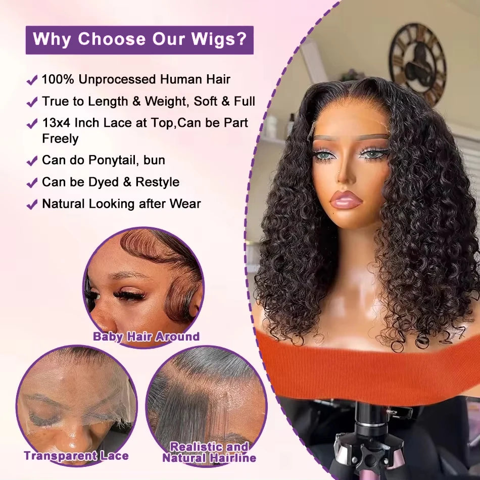 200% Transparent Curly Bob Wigs Deep Wave 13x4 Lace Frontal Human Hair Wigs 4x4 Lace Closure Front Short Bob Wigs For Women