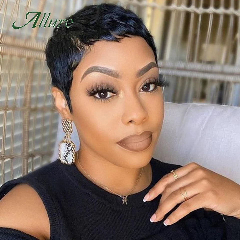 Short Pixie Cut Human Hair Wigs Natural Black Colored Hair T Part Lace Wig Brazilian Cheap Blonde 613 Ombre Remy Hair Wig Allure