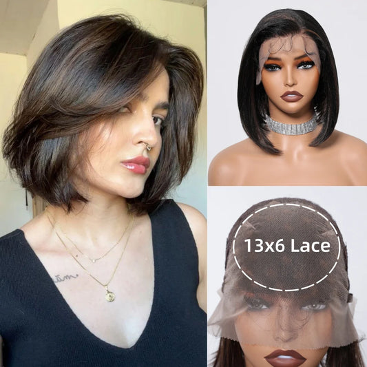 HENRY MARGU Black Bob Lace Front Wigs Brown Highlight Short Straight Daily Synthetic Wig 13*6 Lace Frontal Wig for Women Party