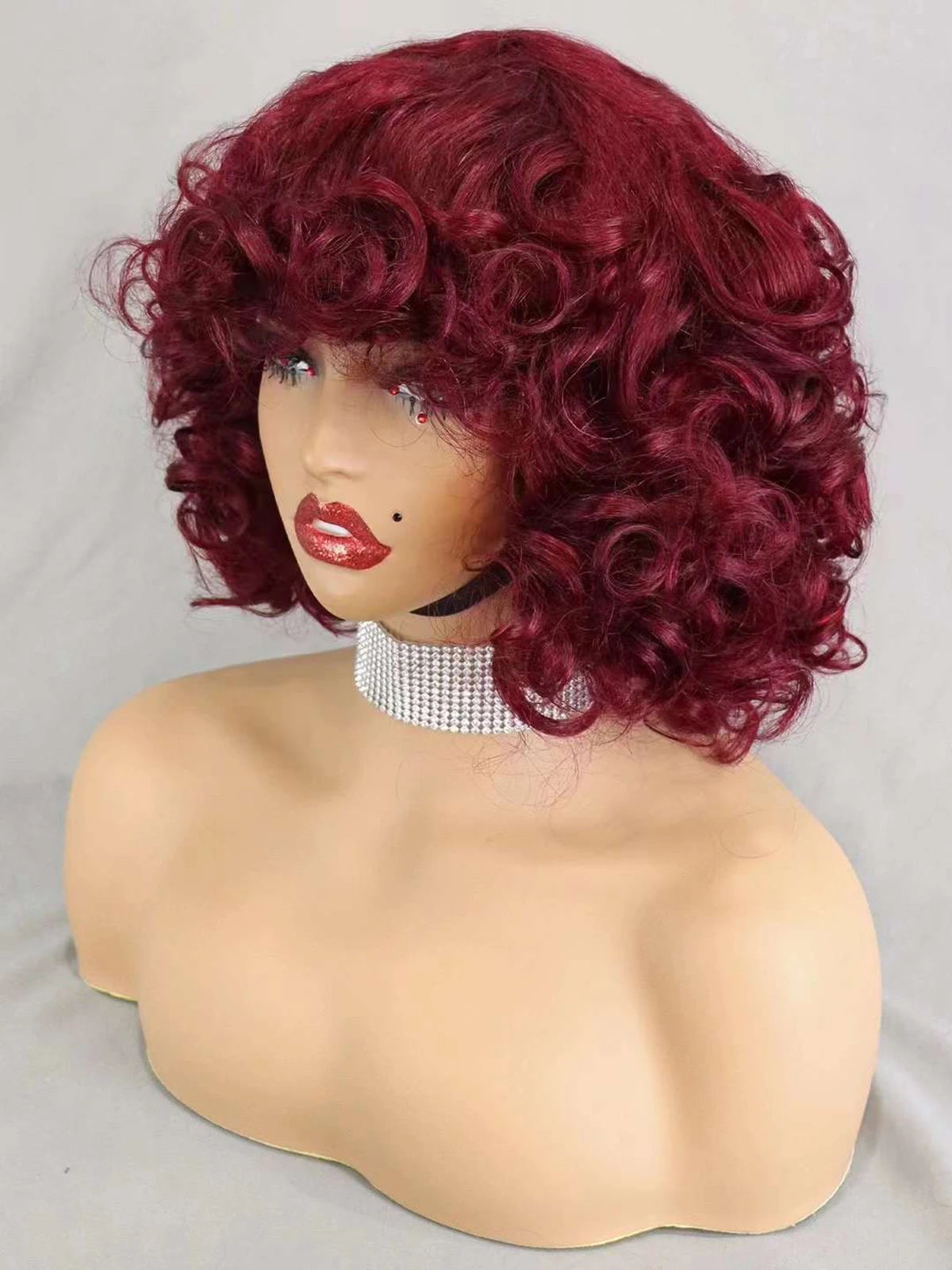 200% Density 99J# Burgundy Bouncy Curly Human Hair Wigs with Bangs Short Machine Made Loose Curly Bob Wigs PrePlucked for Women