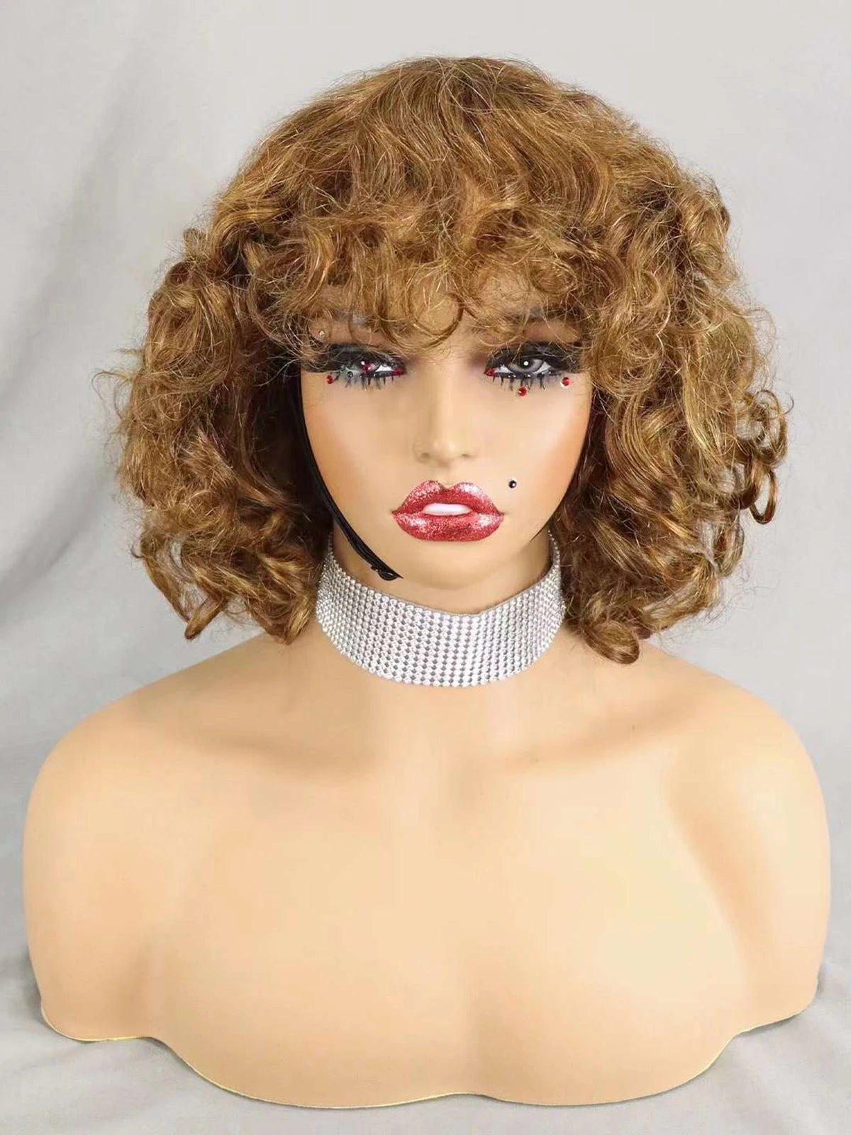 200% Density 99J# Burgundy Bouncy Curly Human Hair Wigs with Bangs Short Machine Made Loose Curly Bob Wigs PrePlucked for Women