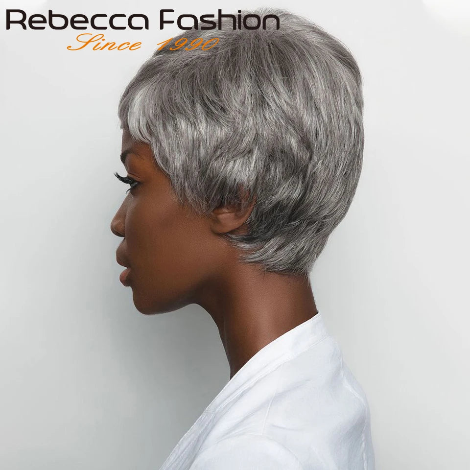 Rebecca Grey Colored Short Straight Bob Pixie Human Hair Wig With Bangs Fringe For Women Brazilian Remy Hair Gray Bob Wigs