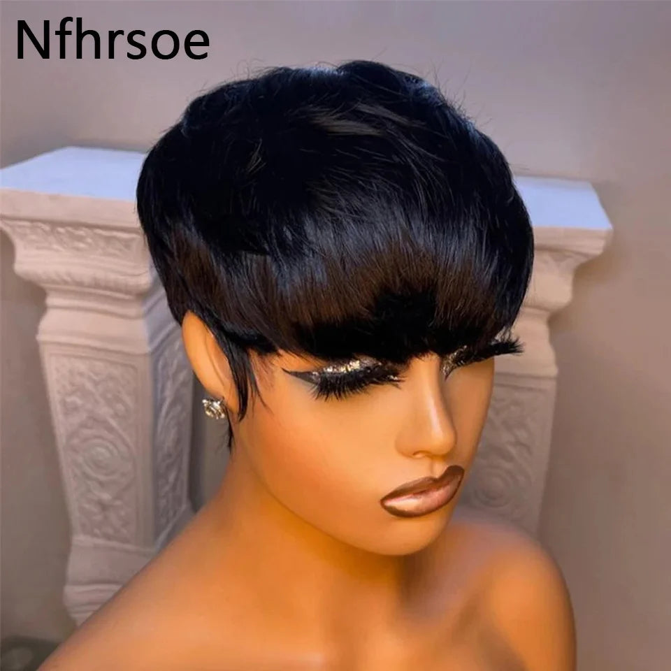 Short Bob Pixie Cut Wig Straight Bob Wigs Human Hair For Women With Bangs Brazilian Virgin Human Hair Wigs Non Lace Front Wig