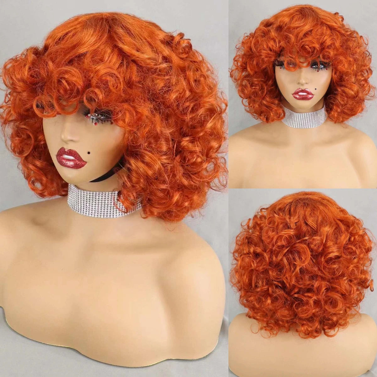 200% Density 99J# Burgundy Bouncy Curly Human Hair Wigs with Bangs Short Machine Made Loose Curly Bob Wigs PrePlucked for Women