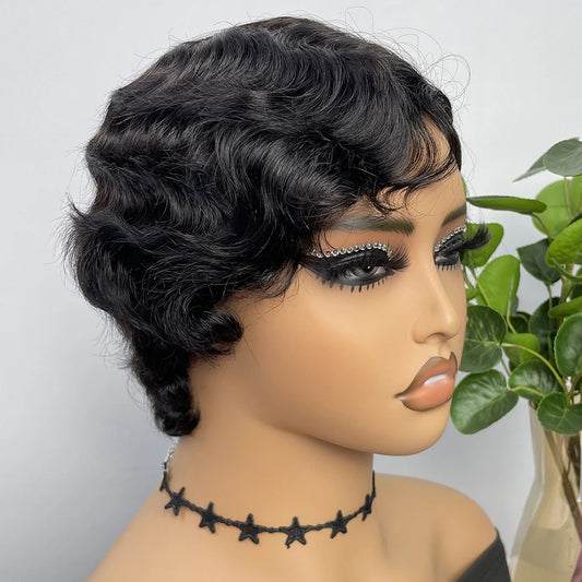 Short Wigs Human Hair Wigs For Women Pixie Cut Human Hair Finger Wave Wig Natural Color Sans Colle Human Hair Wig Machine Made