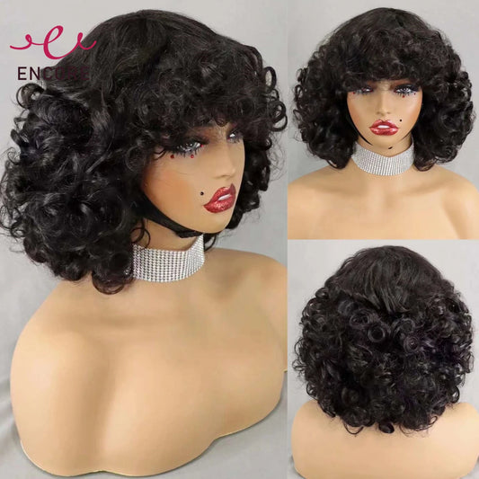 200% Density Brazilian Remy Human Hair Wigs Natural Loose Wave Machine Made Short Bob Wigs Curly Wigs With Bangs For Black Women