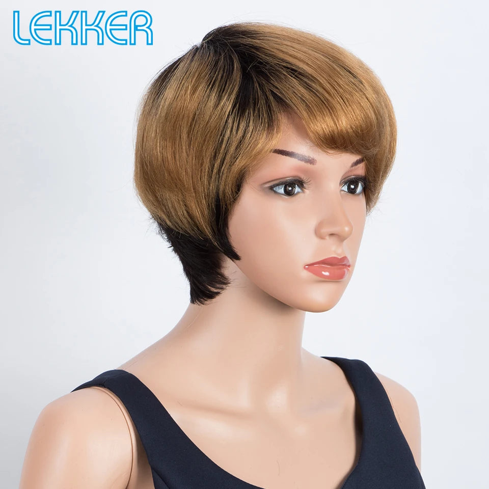 Lekker Highlight Gold Blonde Short Pixie Cut Human Hair Wigs For Women Glueless Brazilian Remy Hair Colored Full Machine Wigs