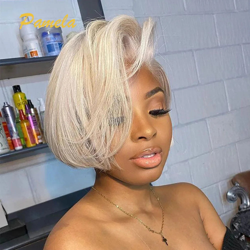 Pixie Cut Wig Brazilian 613 blonde Straight Side Part Wig 13x4 Short Bob HD Transparent Lace Front Human Hair Wig For Women