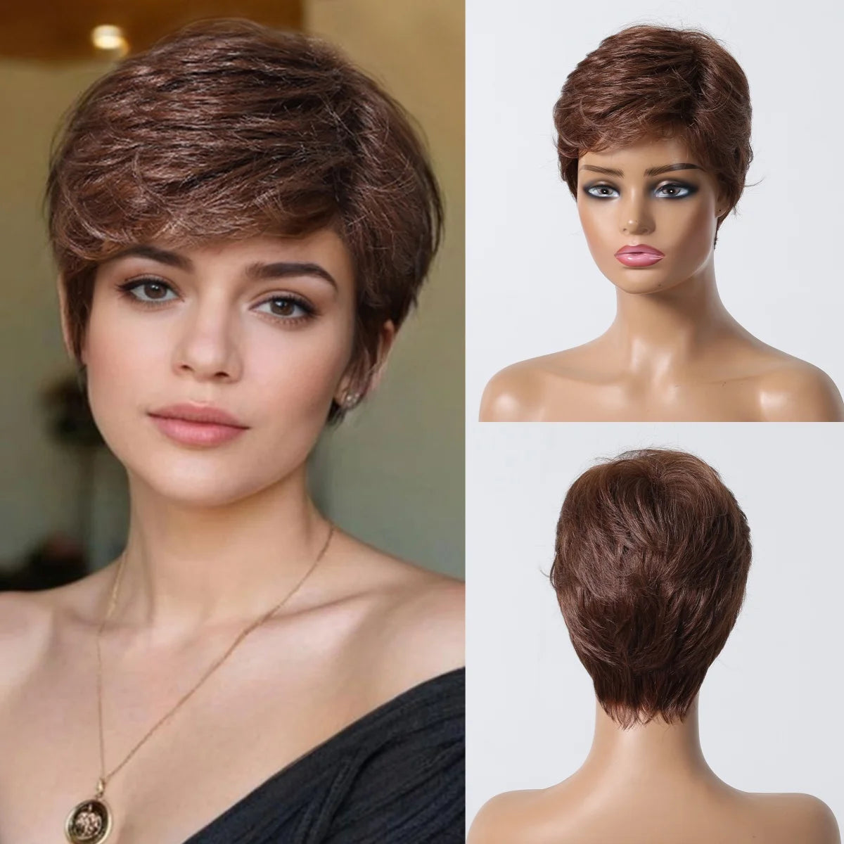 Short Pixie Cut Grey Human Hair Wig 8 Inch Layered Fashion Blend Human Hair Wig for Women Daily Use Hair Machine Made Cheap Wigs