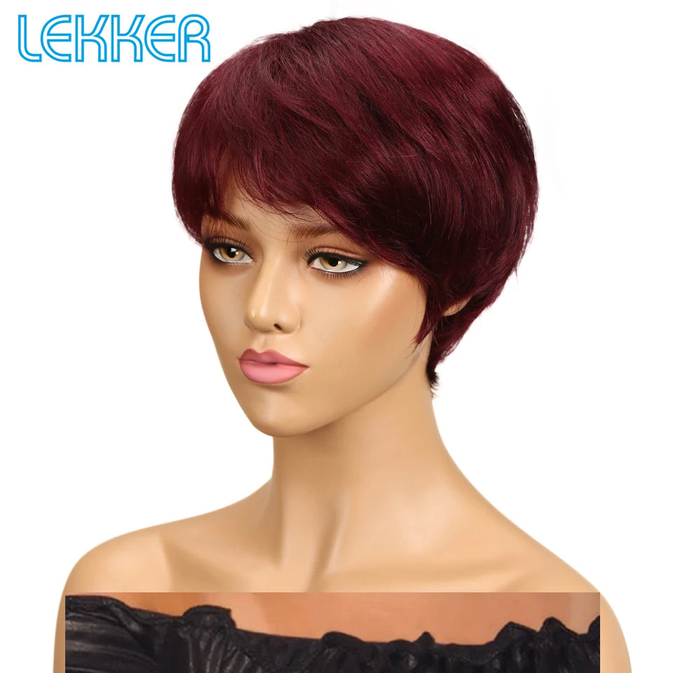 Lekker 99J Burg Red Short Pixie Cut Human Hair Wigs With Bangs For Women Brazilian Remy Hair Colored Straight Bob Full Machine