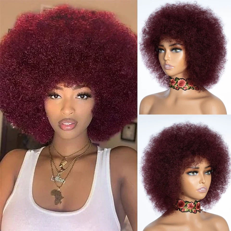 Fluffy Afro Kinky Curly Human Hair Wig With Thick Bangs 99J Red Short Bob Wigs For Black Women 180% Density Full Machine Hair