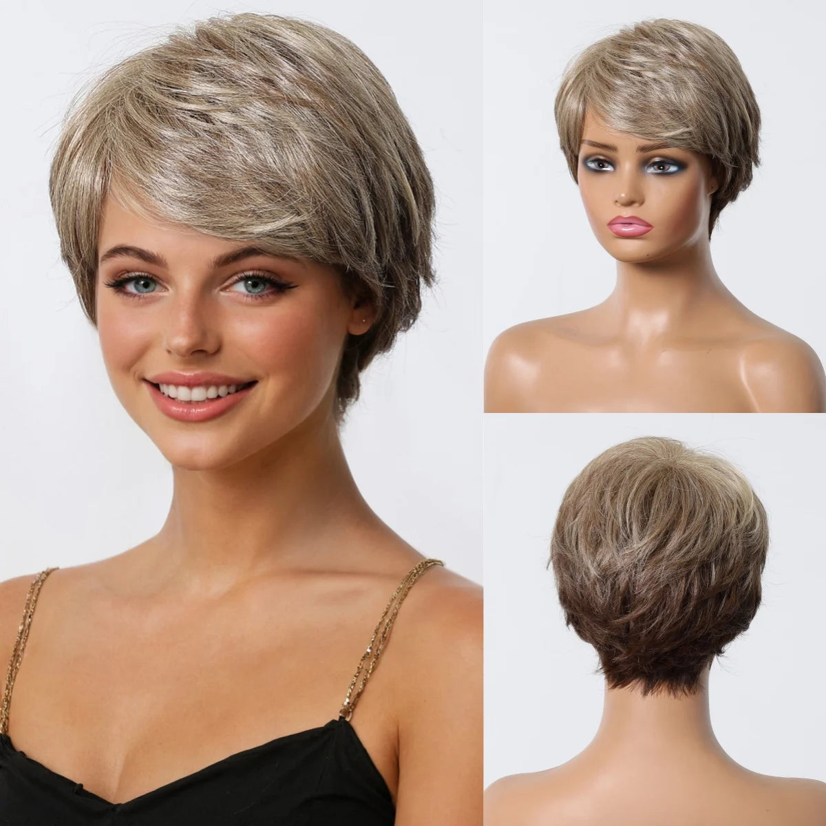 Short Pixie Cut Grey Human Hair Wig 8 Inch Layered Fashion Blend Human Hair Wig for Women Daily Use Hair Machine Made Cheap Wigs