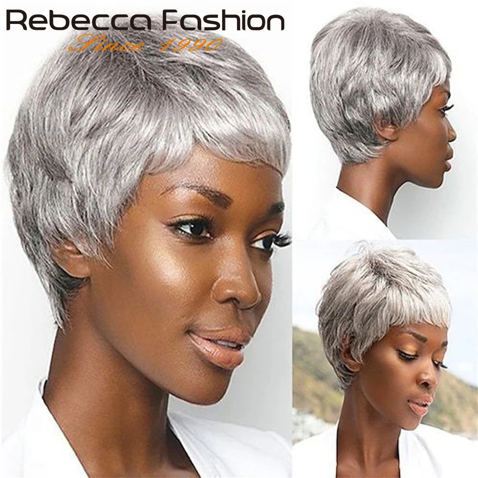 Rebecca Grey Colored Short Straight Bob Pixie Human Hair Wig With Bangs Fringe For Women Brazilian Remy Hair Gray Bob Wigs