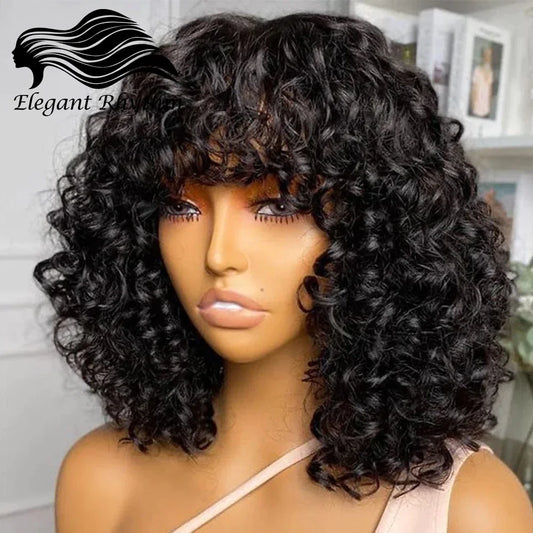 Kinky Curly Wig with Bangs Brazilian Human Hair For Women 180% Density Machine Made Deep Wave Curly Glueless Wigs With Fringe