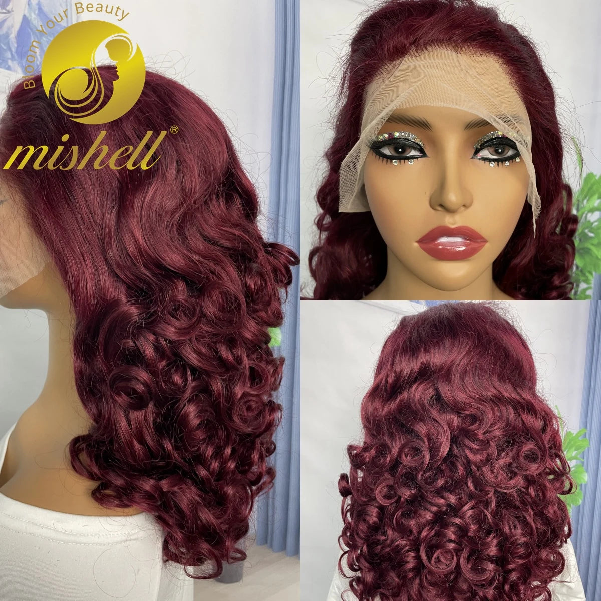 16inch 13x4 Full Lace Frontal Spring Bouncy Curly Human Hair Wigs 250% Density  Burgundy 99J Short Loose Wave Bob Wig PrePlucked