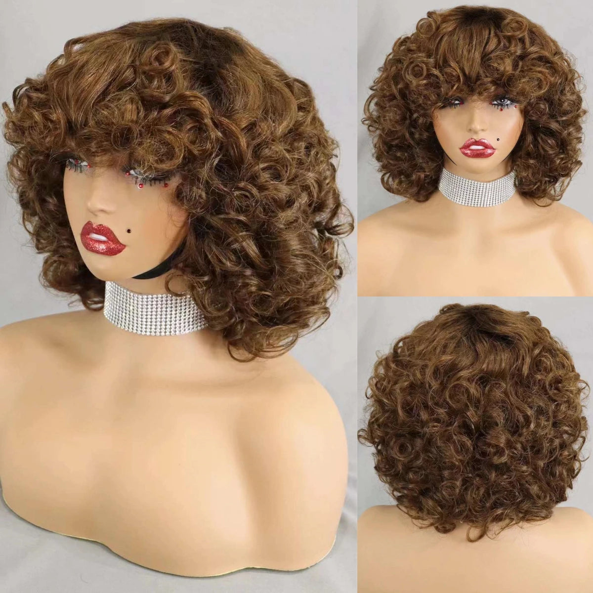 200% Density 99J# Burgundy Bouncy Curly Human Hair Wigs with Bangs Short Machine Made Loose Curly Bob Wigs PrePlucked for Women