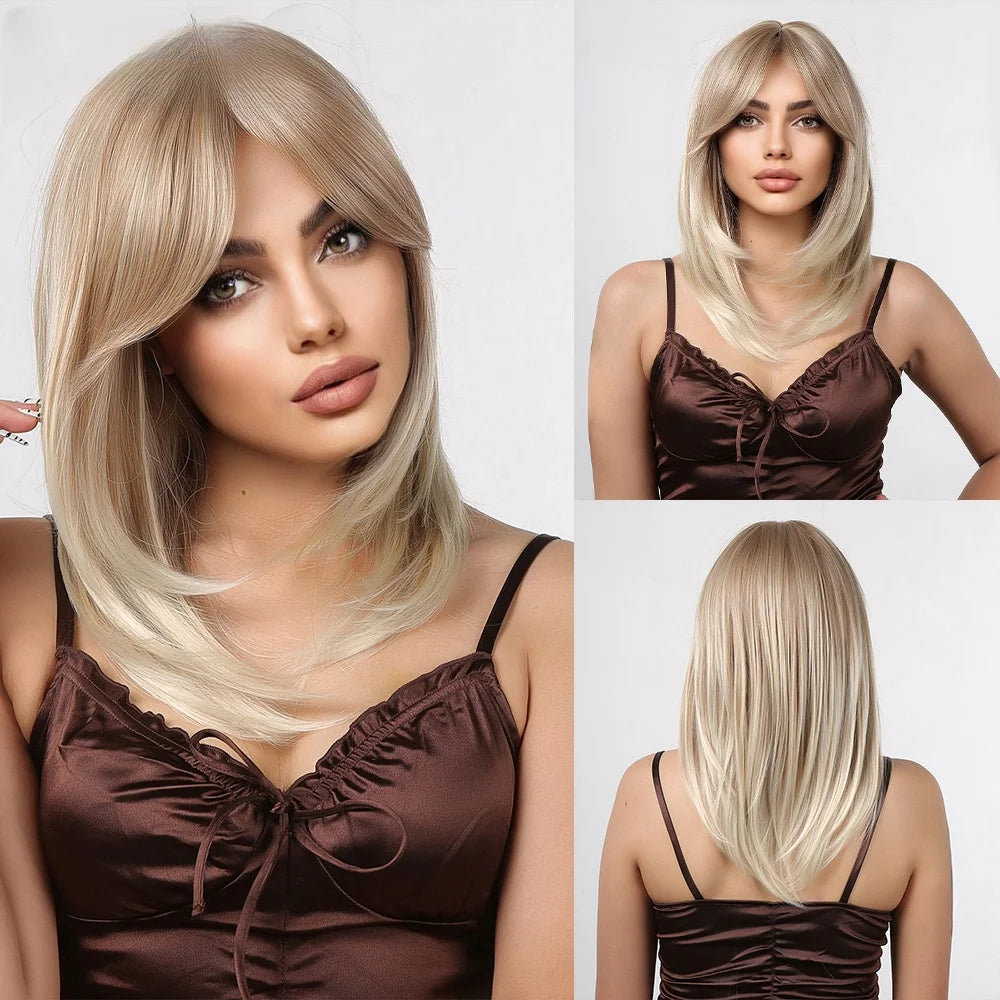 EASIHAIR Fashion Brown Blonde Highlight Synthetic Wigs Straight Hair with Bangs for Women Cosplay Daily Heat Resistant  Bob wig