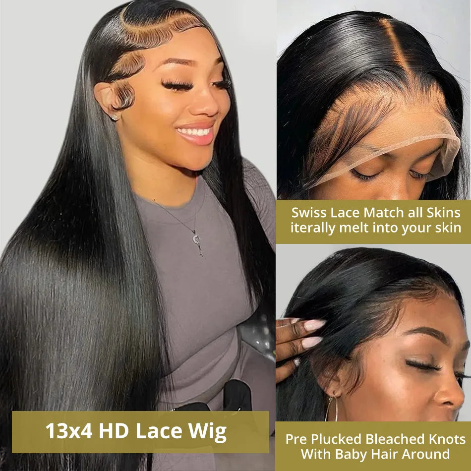 30 40 Inch Bone Straight Transparent 13x4 Lace Frontal Human Hair Wigs 200 Density Brazilian Remy 13x6 Lace Front Wig For Women